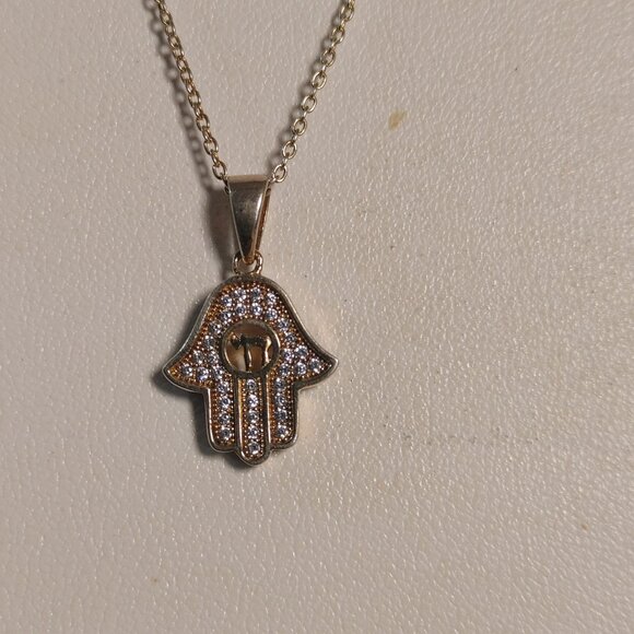 Hamsa Hand Pendant Necklace Gold Plated 925 Silver Rhinestone Accents 18 Chain - Picture 6 of 8